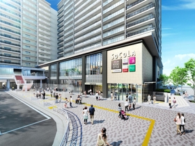 施設外観の完成予想図。市が整備する駅前広場とイメージを合わせた（提供）