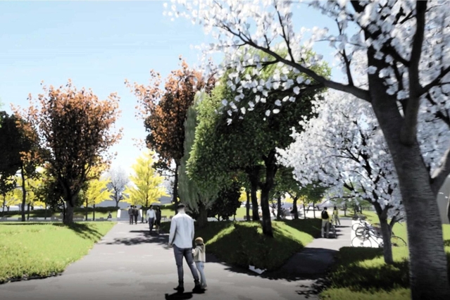再整備後の小田南公園のイメージ図（南西入り口から芝生広場を見た図）＝尼崎市提供