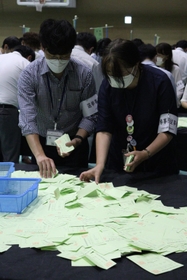 川西市議選挙の開票作業をする職員＝１６日午後、川西市向陽台１、川西市市民体育館