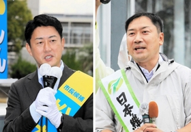 公約などを訴える（届け出順に）大原隼人氏（右）と松本真氏（左）