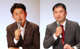 尼崎市長選に関連して開かれた合同・個人演説会でまちの課題や将来について語る大原隼人氏（右）と松本真氏＝尼崎市昭和通２、アルカイックホール・ミニ