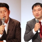 尼崎市長選に関連して開かれた合同・個人演説会でまちの課題や将来について語る大原隼人氏（右）と松本真氏＝尼崎市昭和通２、アルカイックホール・ミニ