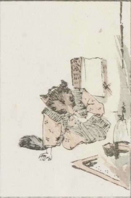 江戸後期の浮世絵師・牧墨僊（ぼくせん）の作。化け狸が鍋の火に息を吹きかける滑稽な姿を描く（国際日本文化研究センター提供）