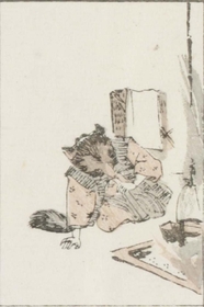 江戸後期の浮世絵師・牧墨僊（ぼくせん）の作。化け狸が鍋の火に息を吹きかける滑稽な姿を描く（国際日本文化研究センター提供）