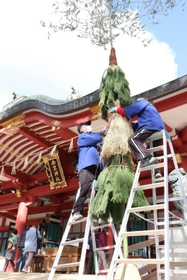 神社の拝殿前に設置された逆さ門松＝西宮神社