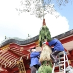 神社の拝殿前に設置された逆さ門松＝西宮神社