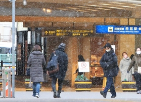 雪が降る中を歩く人たち＝２５日午後、西宮市田中町