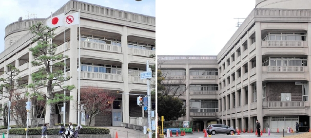 西の市道側から入ると１階になる本庁舎。１３日からは２階に（左の写真）東の駐車場側から入るとＧ階。変更後は１階に（右の写真）