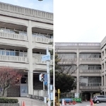 西の市道側から入ると１階になる本庁舎。１３日からは２階に（左の写真）東の駐車場側から入るとＧ階。変更後は１階に（右の写真）