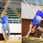 初優勝した女子・市立伊丹高体操クの杉垣乃叶さん（左）と男子・清陵の宇都宮叶多さん＝西宮市立中央体育館（撮影・吉田敦史）