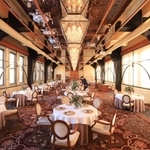 １２０人収容のメインダイニング。もとは電話交換局の大部屋で、交換台や機械を配置しやすいよう、中間柱を設けず約５メートル間隔のはりで支えている＝芦屋市大桝町、芦屋モノリス（撮影・吉田敦史）