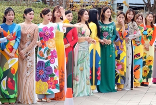 伝統衣装のアオザイを着て登場したベトナム人女性ら＝尼崎市神田中通１、中央公園