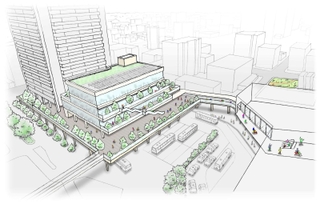 阪神西宮駅北側の再開発イメージ図。ロータリーはバス・タクシー専用となり、駅（右手前）と公民複合施設をペデストリアンデッキで連結する（民間事業者作成、西宮市提供）
