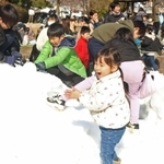 香美町から運ばれた雪で遊ぶ子どもら＝尼崎市口田中１