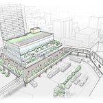 阪神西宮駅北側の再開発イメージ図。ロータリーはバス・タクシー専用となり、駅（右手前）と公民複合施設をペデストリアンデッキで連結する（民間事業者作成、西宮市提供）