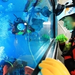 仲間の潜水活動をのぞき窓から見詰める＝西宮市津門大塚町、西宮消防署