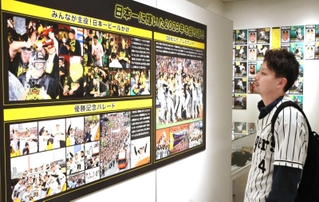 ２０２３年の日本一達成を振り返る写真パネル＝西宮市甲子園町、甲子園歴史館