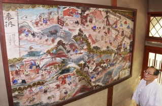 明治時代に氏子が奉納した絵図。琴浦から海水を運び、京都の邸宅で塩を焼かせる様子が描かれている＝尼崎市琴浦町、琴浦神社