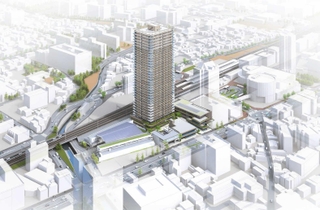 ＪＲ西宮駅南西地区再開発のイメージ図。高層マンションに店舗が入る複合施設（中央）と昨年に新装オープンした西宮地方卸売市場（左）＝西宮市提供