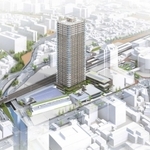 ＪＲ西宮駅南西地区再開発のイメージ図。高層マンションに店舗が入る複合施設（中央）と昨年に新装オープンした西宮地方卸売市場（左）＝西宮市提供