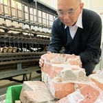 解体現場から譲り受けたレンガ倉庫のれんが＝市立歴史博物館