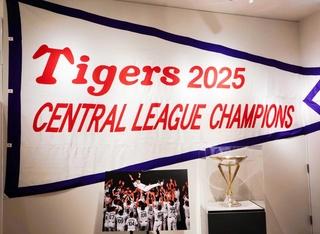 藤川球児監督が掲げたトロフィーや優勝ペナントが展示されている＝甲子園歴史館