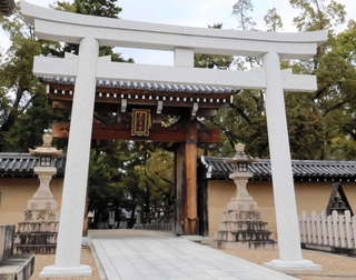 ３０年ぶりに再建された南門前の石鳥居＝西宮市社家町