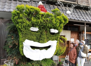 食堂の玄関で客を出迎える植木のサンタ＝猪名川町上野
