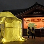 大覚寺では作品と能舞台が共演。寺の縁起に由来する巨木をイメージした＝尼崎市寺町