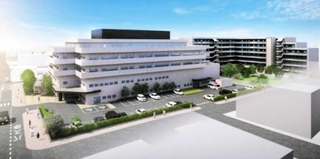 西宮市立中央病院の跡地にできる新病院などの外観イメージ。左手前が病院で、右奥がマンション（市提供）
