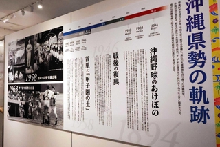 沖縄県勢の活躍や歴史を紹介するパネル＝西宮市甲子園町