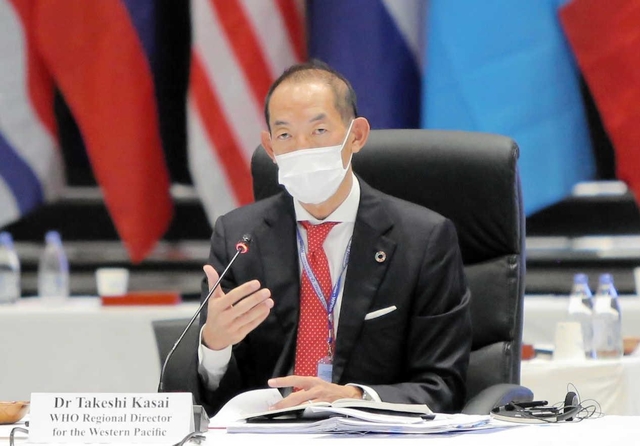 オンライン会見で質問に答えるＷＨＯ西太平洋地域事務局の葛西健事務局長＝アクリエひめじ（同事務局提供）
