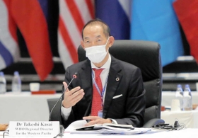 オンライン会見で質問に答えるＷＨＯ西太平洋地域事務局の葛西健事務局長＝アクリエひめじ（同事務局提供）