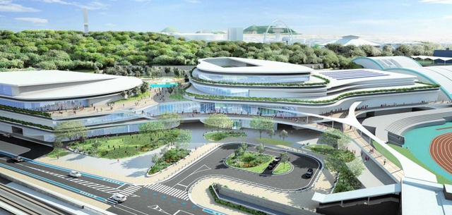 屋内プール（左）や体育館（右）が整備される手柄山スポーツ施設の外観イメージ（姫路市提供）