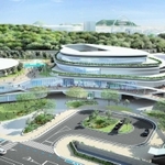 屋内プール（左）や体育館（右）が整備される手柄山スポーツ施設の外観イメージ（姫路市提供）