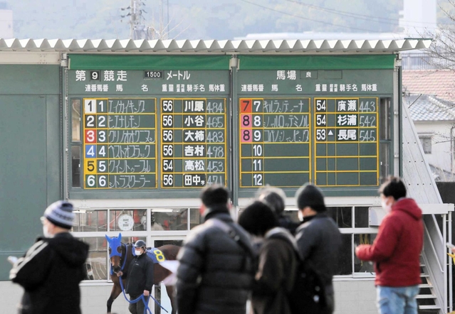 観客が見守る中、悠々と歩く競走馬の向こうに独特の文字が躍る＝姫路市広峰２