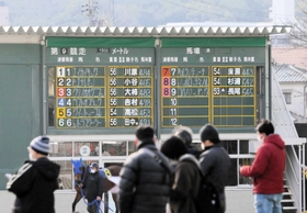 観客が見守る中、悠々と歩く競走馬の向こうに独特の文字が躍る＝姫路市広峰２