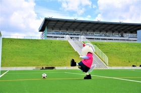 サッカー場で運動する姫路競馬場の公式マスコットキャラクター「ひめたん」（ひめたんスポーツクラブ提供）