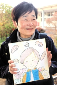「パン注のおばちゃん」こと梶原ゆき子さん。似顔絵そっくりの穏やかな笑みで、生徒を見守り続けた＝姫路市広畑区小松町３、広畑中学校