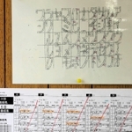 作業場の壁に貼ってある文字の見本表（上）。下はレースの出走表＝姫路市広峰２