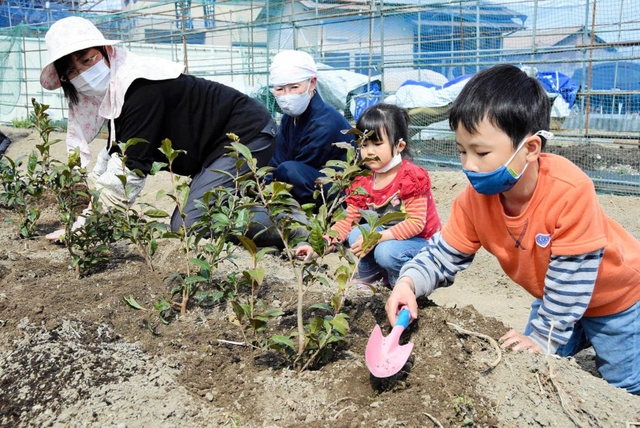お茶の木を植える「あぼし探茶会」のメンバー＝太子町船代