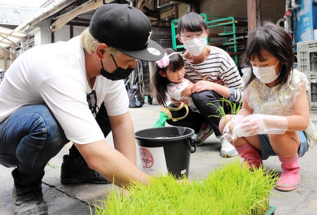 バケツに植える苗を受け取る家族連れ（２０２１年６月）