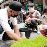バケツに植える苗を受け取る家族連れ（２０２１年６月）