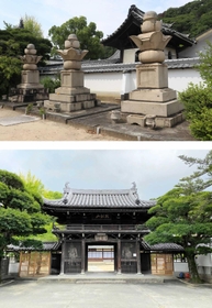 【上】喜代姫を供養する五輪塔（右）。その隣に長女喜曽姫の五輪塔が寄り添う【下】景福寺＝いづれも姫路市景福寺前