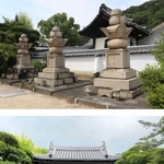【上】喜代姫を供養する五輪塔（右）。その隣に長女喜曽姫の五輪塔が寄り添う【下】景福寺＝いづれも姫路市景福寺前