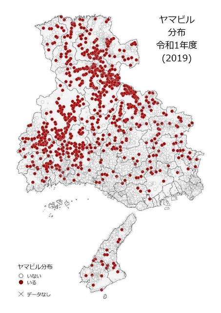 県森林動物研究センターが２０１９年に調査した県内のヤマビルの分布。現在はさらに拡大しているという