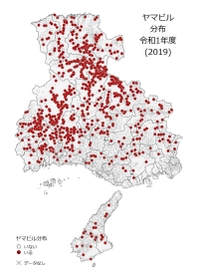 県森林動物研究センターが２０１９年に調査した県内のヤマビルの分布。現在はさらに拡大しているという
