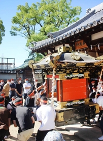 ３年ぶりに蔵から運び出されるみこし＝姫路市白浜町、松原八幡神社