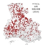 県森林動物研究センターが２０１９年に調査した県内のヤマビルの分布。現在はさらに拡大しているという