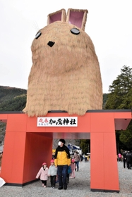 稲穂などで作った巨大なウサギのオブジェ＝姫路市安富町安志、安志加茂神社